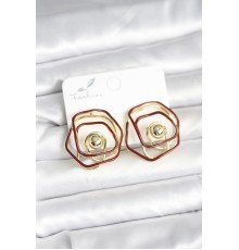 Pirinç Gold Renk Bordo Mineli Geometrik Gül Model Kadın Küpe