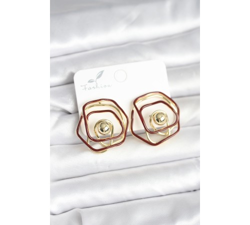 Pirinç Gold Renk Bordo Mineli Geometrik Gül Model Kadın Küpe