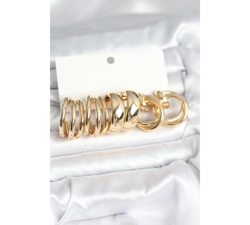 Pirinç Gold Renk 3 Çift Vintage Kadın Küpe Seti