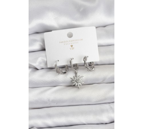 Pirinç Gümüş Renk Kutup Yıldızı Model 3'lü Kadın Küpe Seti