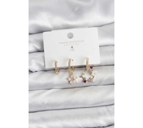 Çiçek Model Gold Renk Pirinç 3'lü Kadın Küpe Seti