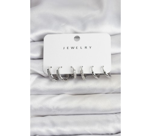 Zirkon Taşlı Gümüş Renk Pirinç Kadın Küpe Seti