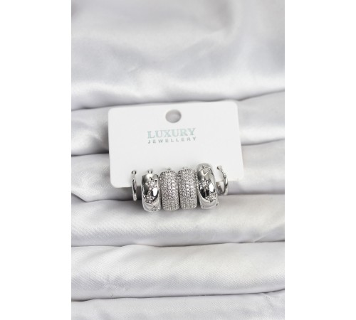 Zirkon Taşlı Pirinç Gümüş Renk Halka Kadın Küpe Seti