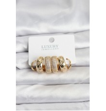 Zirkon Taşlı Pirinç Gold Renk Halka Kadın Küpe Seti