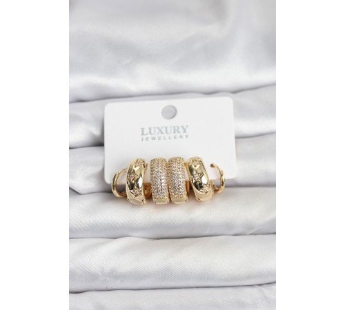Zirkon Taşlı Pirinç Gold Renk Halka Kadın Küpe Seti