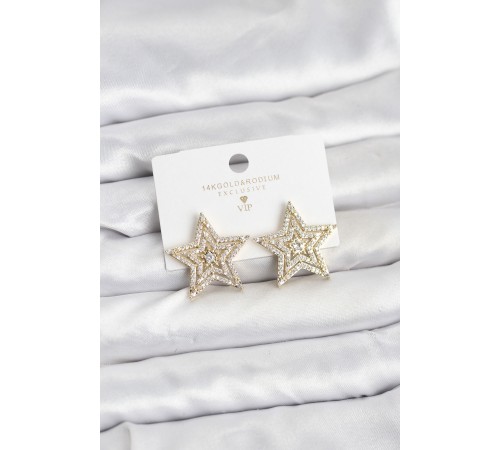 Gold Renk Pirinç Zirkon Taşlı Yıldız Model Kadın Küpe