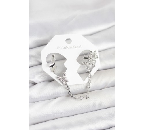 Pirinç Gümüş Renk Kelebek Model Zincir Bağlantılı Ear Cuff Küpe Seti