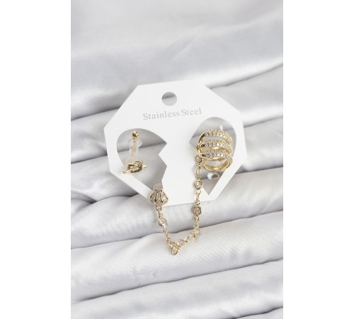 Pirinç Gold Renk Sarmal Model Zincir Bağlantılı Ear Cuff Küpe Seti