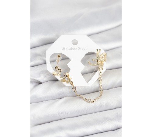 Kelebekli Model Pirinç Gold Renk Zincir Bağlantılı Ear Cuff Küpe Seti