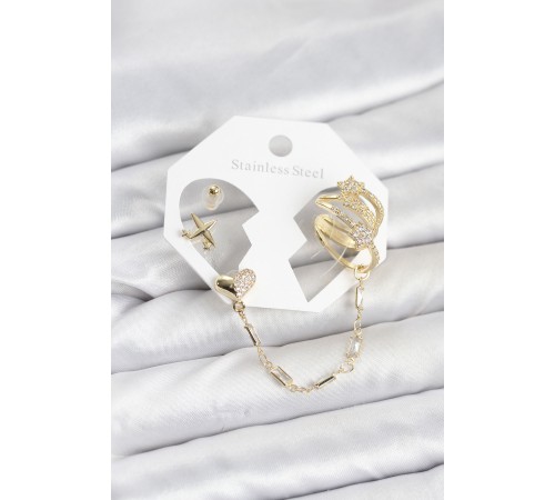 Kalp Yıldız Model Pirinç Gold Renk Zincir Bağlantılı Ear Cuff Küpe Seti