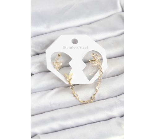 Kelebek Model Pirinç Gold Renk Zincir Bağlantılı Ear Cuff Küpe Seti