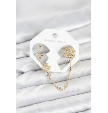 Kiraz Model Pirinç Gold Renk Zincir Bağlantılı Ear Cuff Küpe Seti