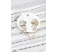 Kutup Yıldızı Model Pirinç Gold Renk Zincir Bağlantılı Ear Cuff Küpe Seti