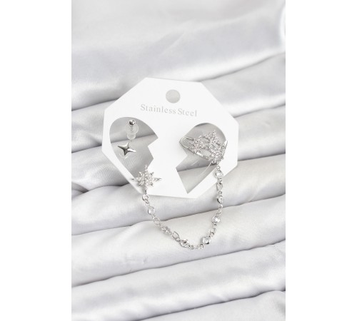 Kutup Yıldızı Model Pirinç Gümüş Renk Zincir Bağlantılı Ear Cuff Küpe Seti