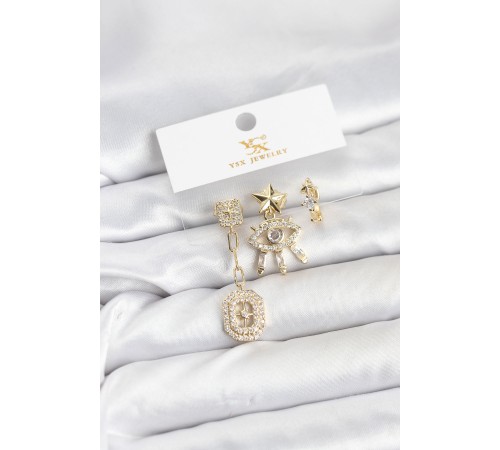 Pirinç Gold Renk Göz ve Kutup Yıldızı Model YSX Trio Küpe Seti
