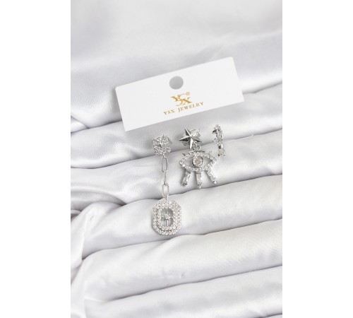 Pirinç Gümüş Renk Göz ve Kutup Yıldızı Model YSX Trio Küpe Seti