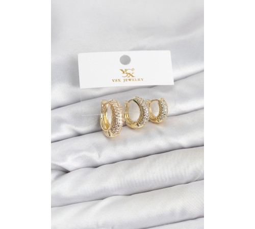 Pirinç Gold Renk Zirkon Taşlı Halka Model YSX Trio Küpe Seti