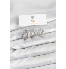 Pirinç Gümüş Renk Zirkon Taşlı Halka Model YSX Trio Küpe Seti