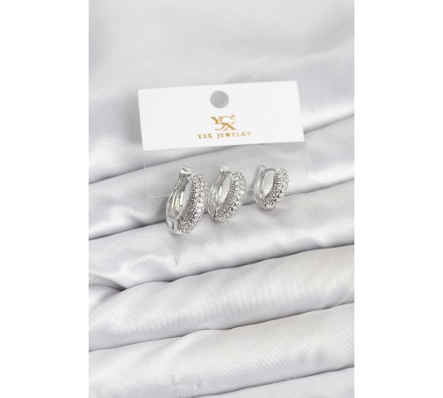 Pirinç Gümüş Renk Zirkon Taşlı Halka Model YSX Trio Küpe Seti