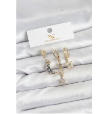 Pirinç Gold Renk Zirkon Taşlı Ay ve Yıldız Model YSX Trio Küpe Seti