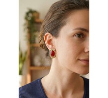 Bordo Renk Kare Model Vintage Kadın Küpe