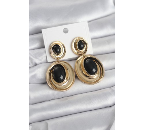 Siyah Sallantılı Damla Model Gold Renk Vintage Kadın Küpe