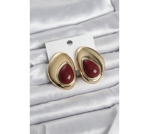Pirinç Gold Renk Bordo Taşlı Damla Model Vintage Kadın Küpe