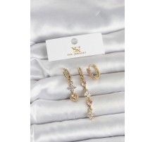 Pirinç Gold Renk Pembe Zirkon Taşlı 3'lü Kadın Küpe
