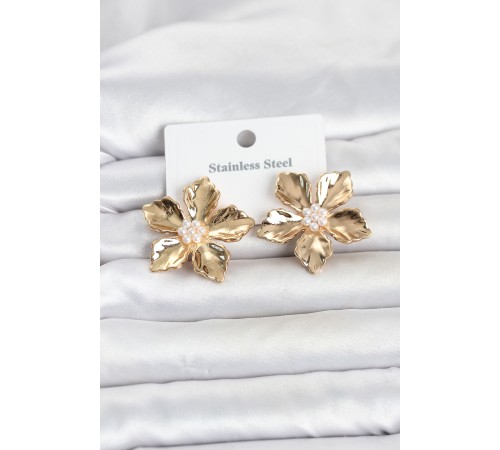 316L Çelik Gold Renk Lotus Çiçek Model Kadın Küpe