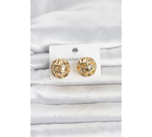316L Çelik Gold Renk Desenli Top Model Kadın Küpe