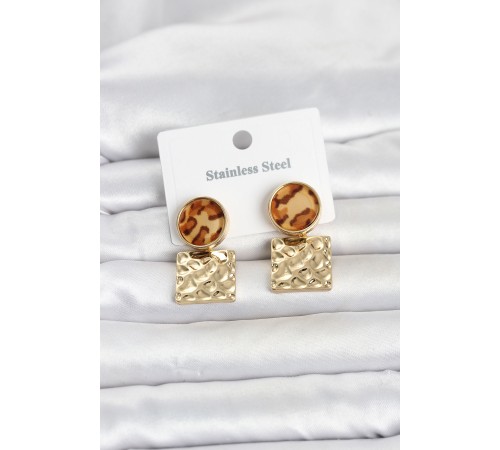 316L Çelik Gold Renk Leopar Desenli Plaka Model Kadın Küpe