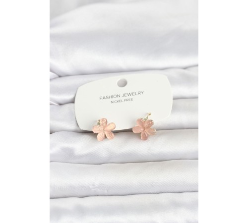 Pirinç Gold Renk Pembe Çiçek Model Çocuk Küpe