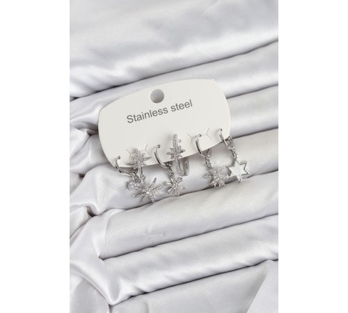 316L Çelik Gümüş Renk Yıldız Model Zirkon Taşlı Kadın Küpe Seti