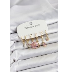 316L Çelik Gold Renk Pembe Zirkon Taşlı Lotus Detaylı Kadın Küpe Seti