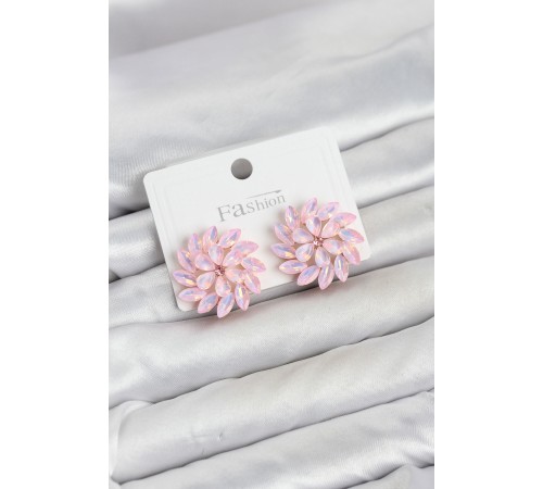Pembe Renk Kristal Taşlı Çiçek Model Kadın Küpe
