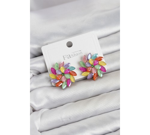 Karışık Renk Kristal Taşlı Çiçek Model Kadın Küpe