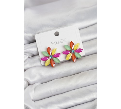 Karışık Renk Kristal Taşlı Lotus Çiçek Model Kadın Küpe