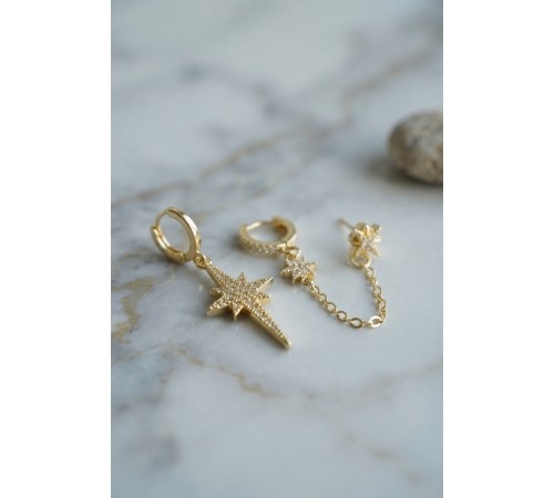 3 lü Set Küpe Gold Renk Zincir Detaylı