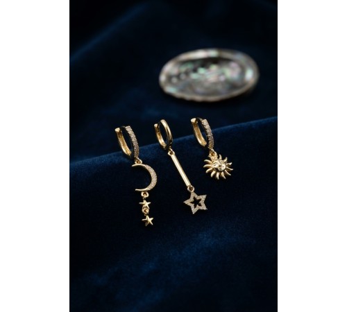 3 lü Set Ay Yıldız ve Güneş Model Gold Renk Kadın Küpe