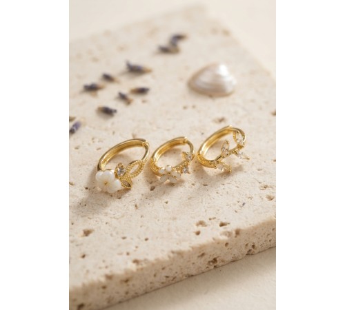 3 lü Set Çiçek Model Gold Renk Kadın Küpe