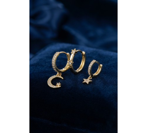 3 lü Ay ve Yıldız Model Gold Renk Set Küpe
