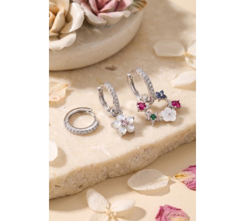 3 lü Set Gümüş Renk Çiçek Model Küpe