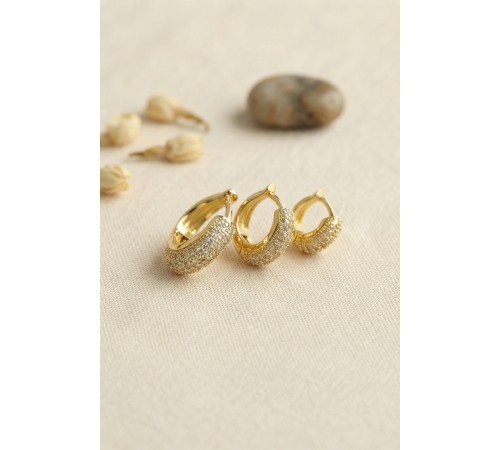 Gold Renk 3 lü Zirkon Taşlı Halka Küpe Set