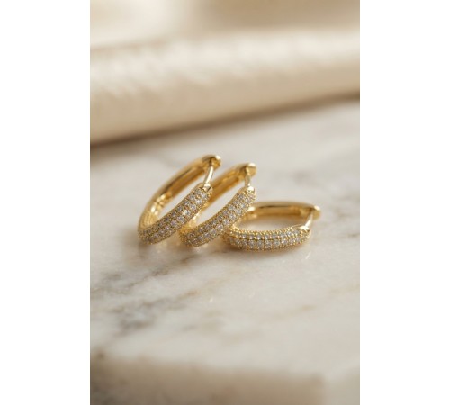 3 lü Set Gold Renk Zirkon Taşlı Kare Halka Küpe