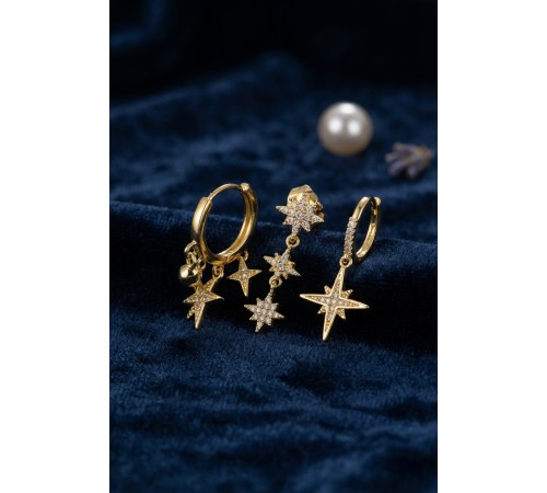 Kutup Yıldızı Model Gold Renk 3 lü Küpe Set