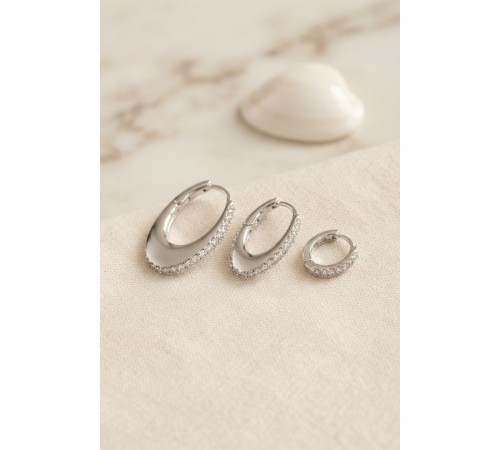 Gümüş Renk Oval Halka Model Zirkon Taşlı 3 lü Küpe Set