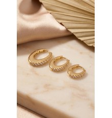 Gold Renk Oval Halka Model Zirkon Taşlı 3 lü Küpe Set