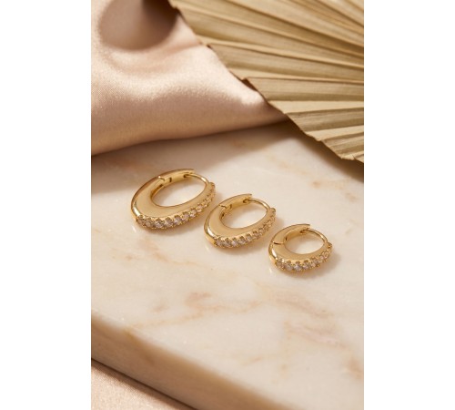 Gold Renk Oval Halka Model Zirkon Taşlı 3 lü Küpe Set