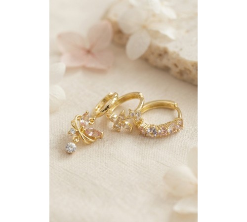 3 lü Set Gold Renk Zirkon Taşlı Kelebek Model Küpe