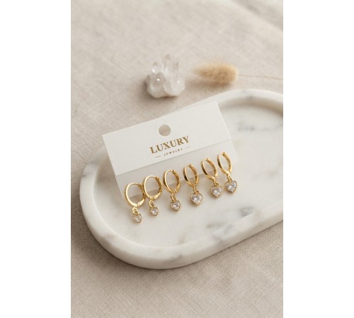 Kalp Zirkon Taşlı Gold Renk Pirinç Set Küpe